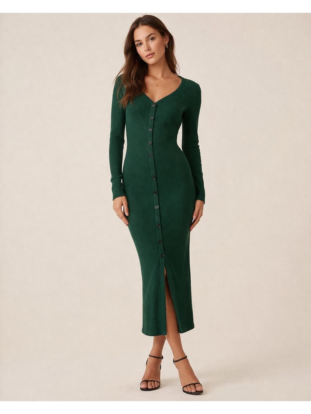 Reformation Ricky Ribbed Knit Bodycon Midi Dress in Emerald Green, XS